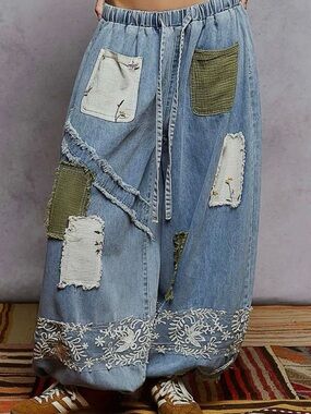 Pol patchwork lace drawstring denim barrel jeans